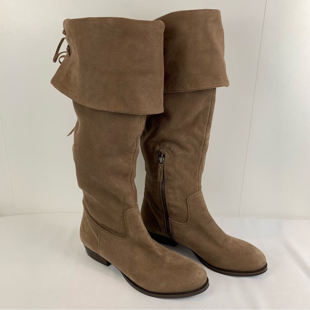 B. Makowsky Brown Suede Sabrina Boots Lace Up Over Knee Folded Top Women's 8